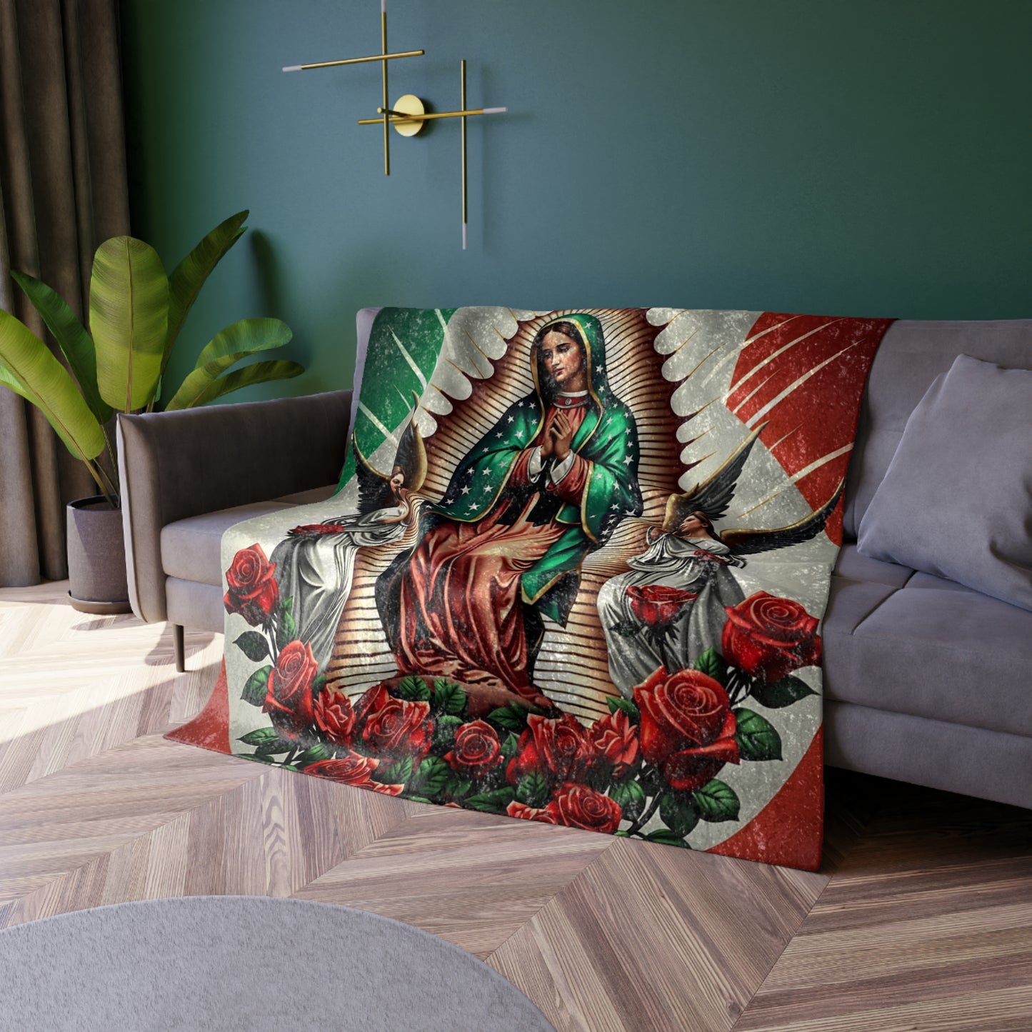 Luxurious Crushed Velvet Virgin of Guadalupe Inspired Blanket | Marian Devotion Throw 50x60" Prayer Cozy, Catholic