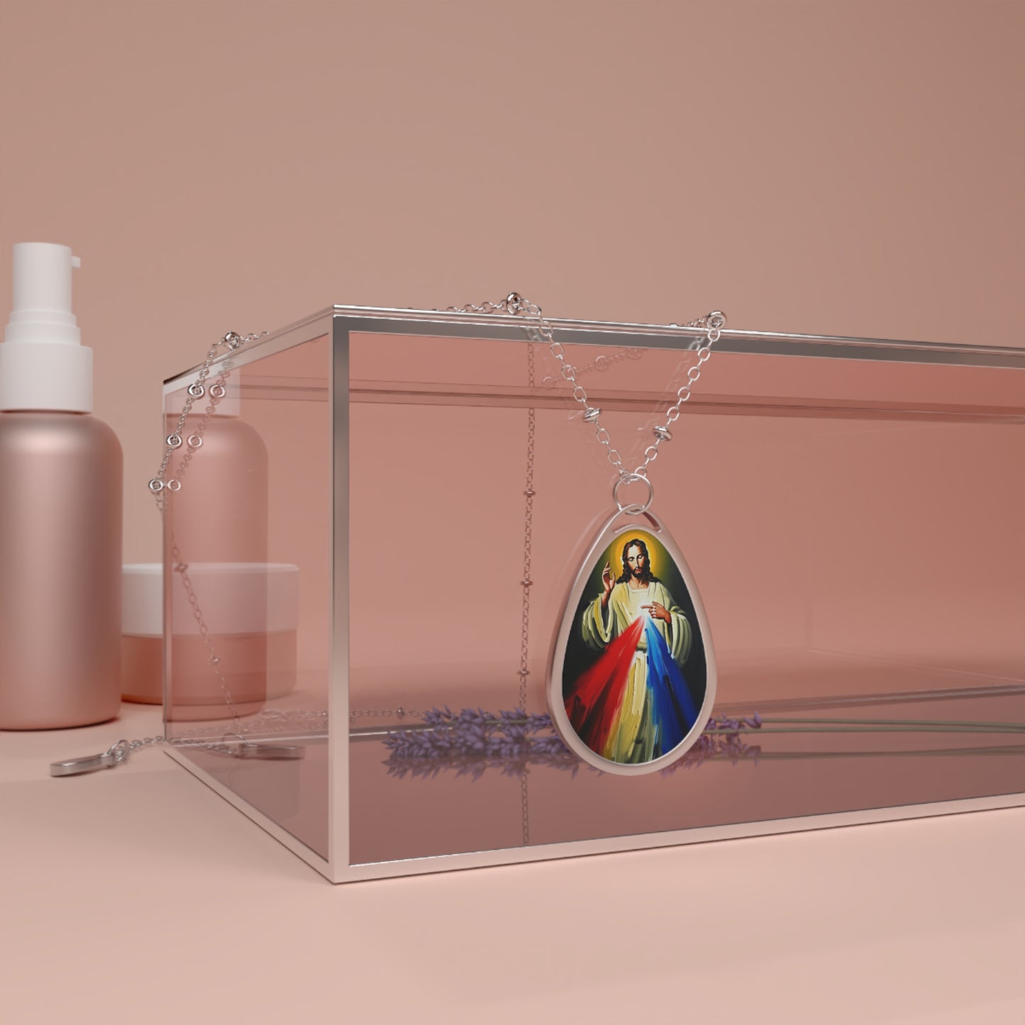 Jesus Divine Mercy Image Pendant with Adjustable Lobster Clasp Necklace