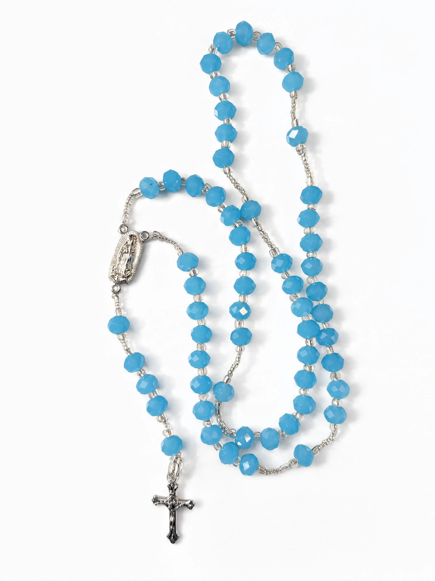 Handmade Our Lady of Guadalupe Rosary in Light Blue and Silver Colors